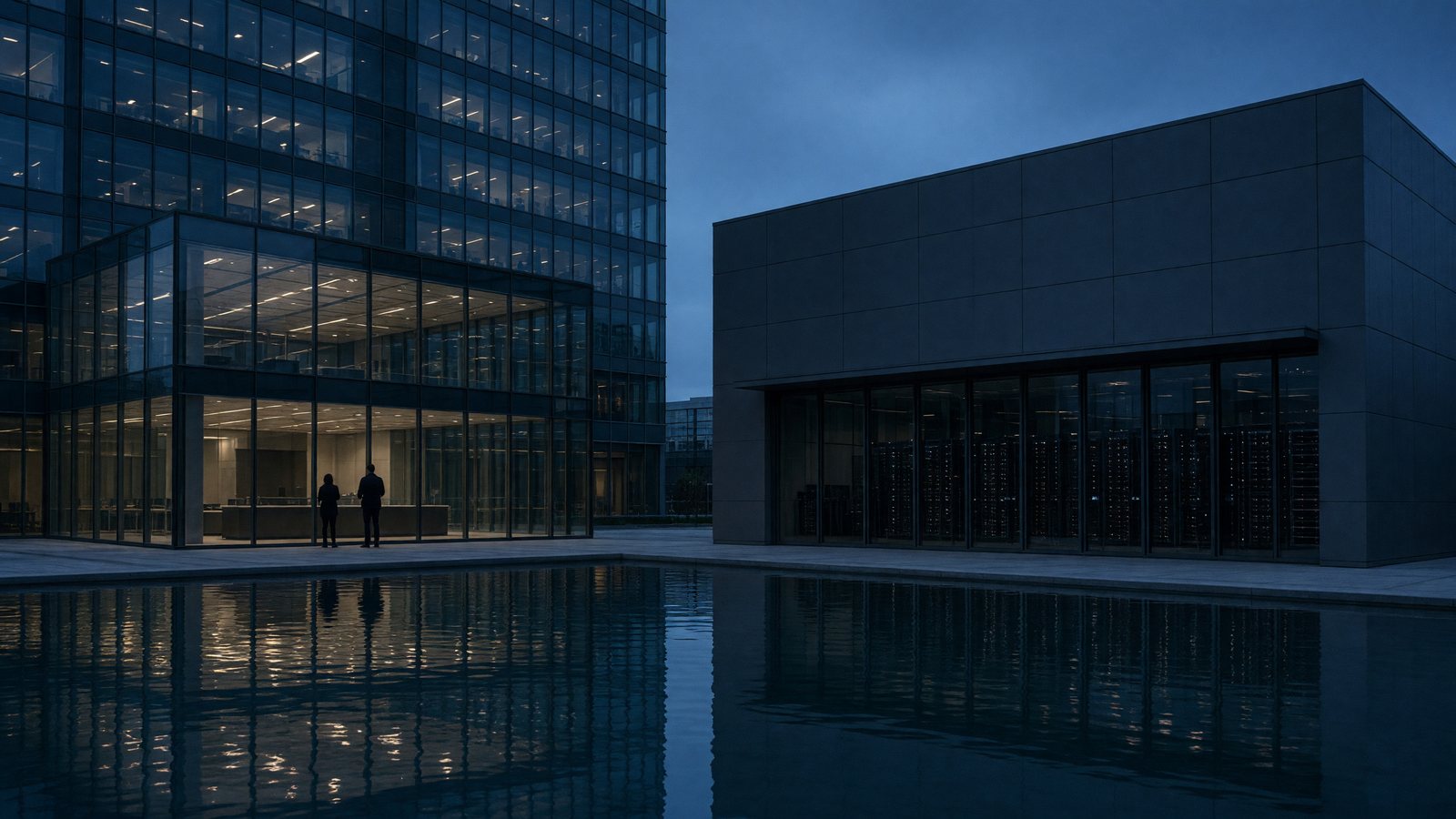 Glass office tower and data-center block at dusk, with two distant silhouettes in an empty atrium.